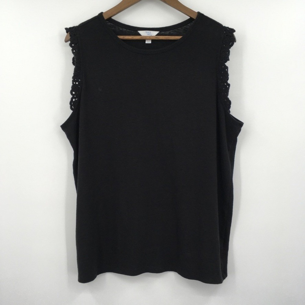 Time &‎ Tru Linen Blend Tank Top Womens XL Black Crochet Trim Coastal Casual